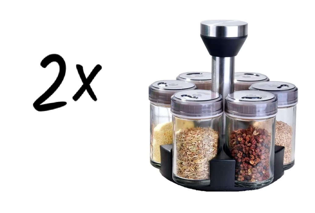 OFERTA 1+1 Set 6 recipiente din sticla pentru condimente cu suport rotativ