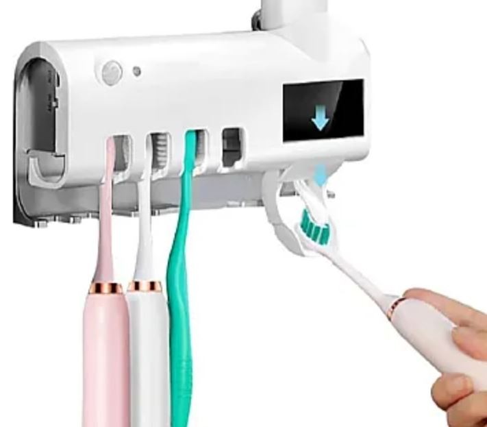 Dozator Pentru Pasta De Dinti, cu suport pentru periute, cu functie de sterilizare, lumina UV