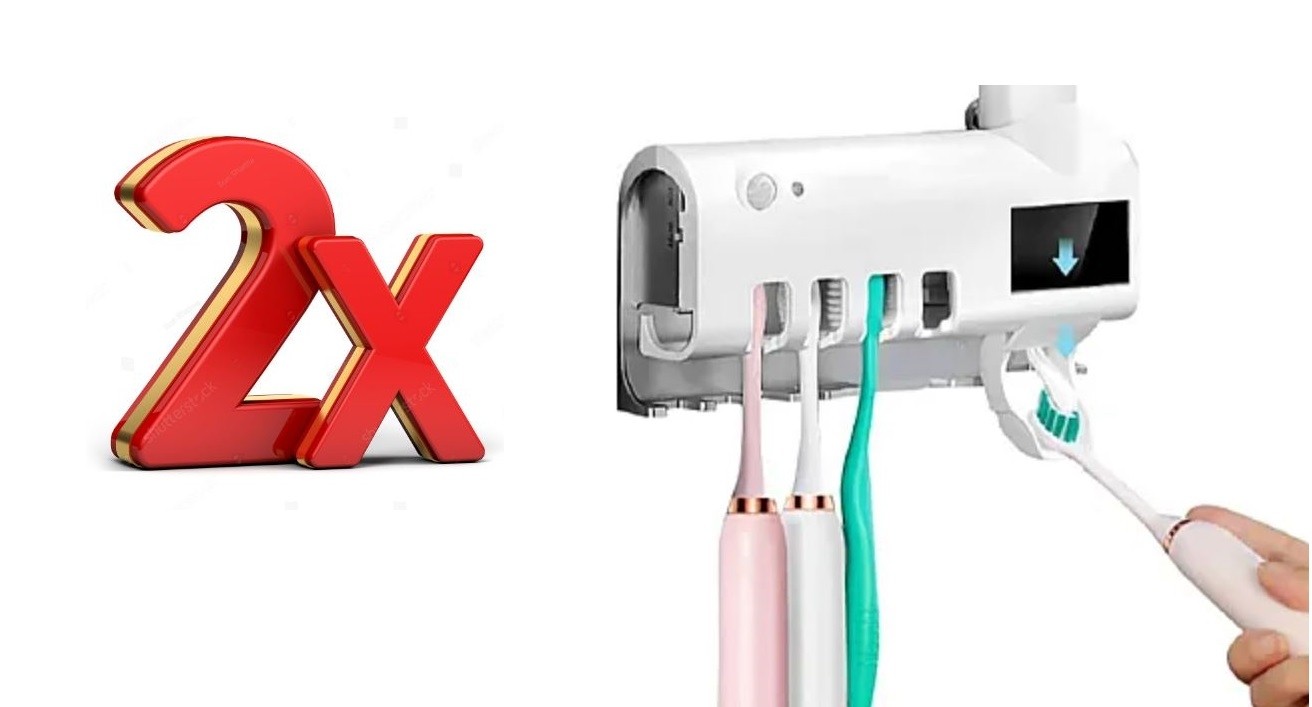 OFERTA 1+1 Dozator Pentru Pasta De Dinti, cu suport pentru periute, cu functie de sterilizare, lumina UV