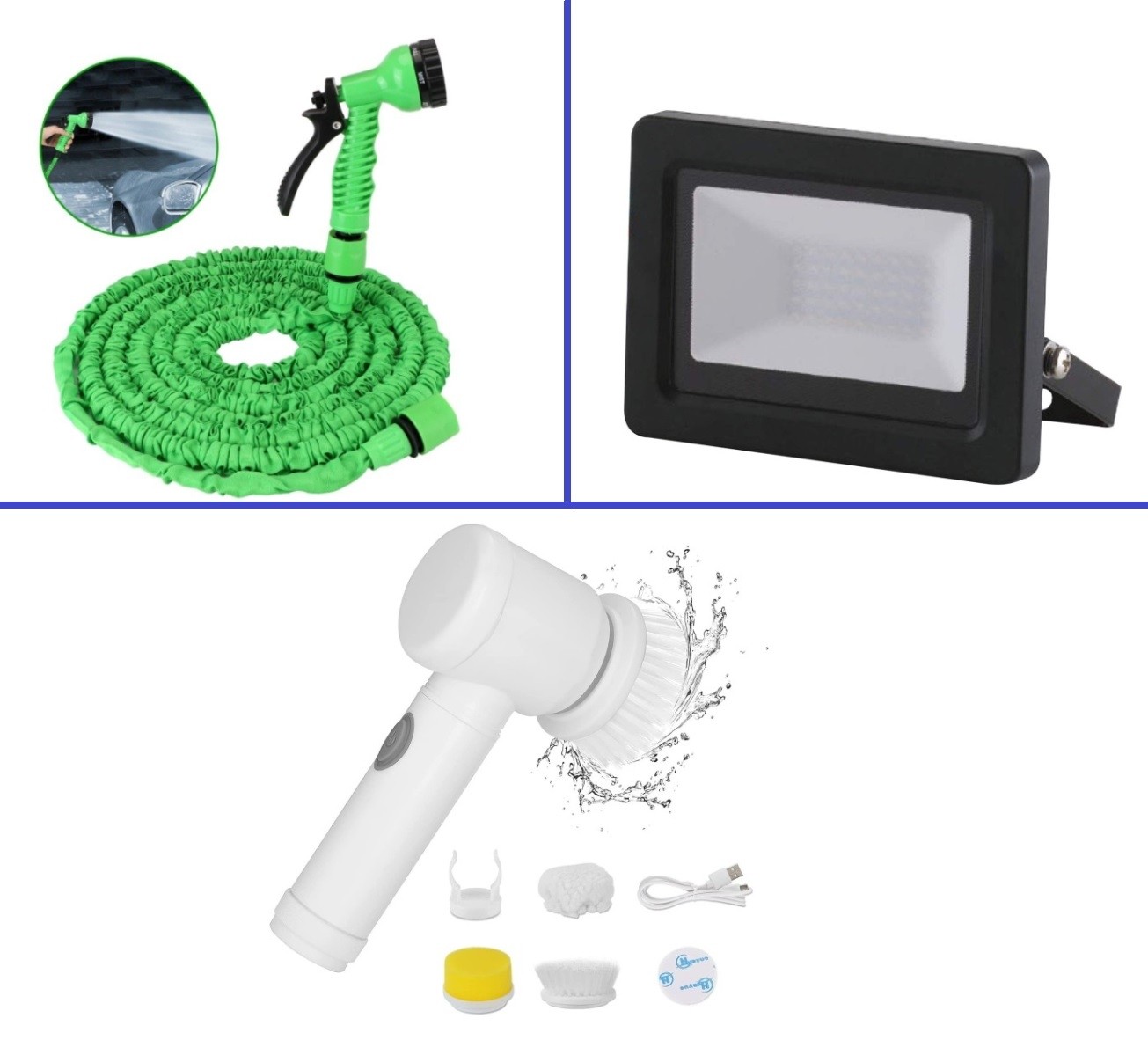 PACHET 3 PIESE Furtun extensibil 60 metri, Proiector Led urano 20w si Perie electrica cu 3 capete rotative si cablu USB pentru curatare universala