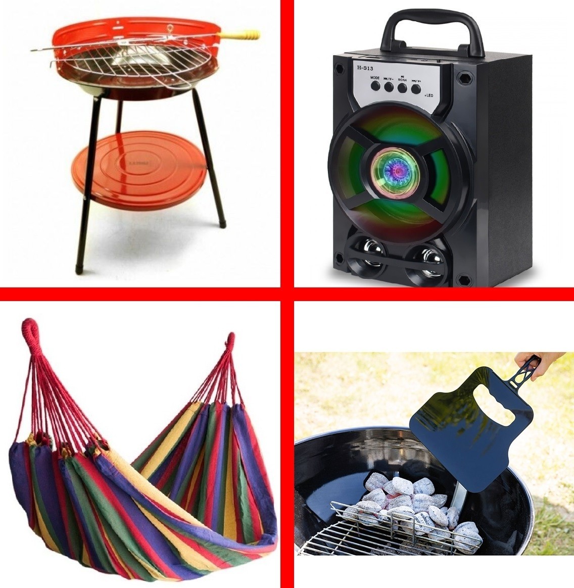 PACHETUL DE WEEK END, GRATAR PE CARBUNI + HAMAC MULTICOLOR + BOXA PORTABILA BLUETOOTH SI EVANTAI GRATAR