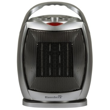 Aeroterma ceramica HAUSBERG HB-8770, 1500W, Termostat Reglabil, 2 Viteze, Functie Ventilator, Siguranta Anti Cadere, Silentios, Maner transport, Argintiu