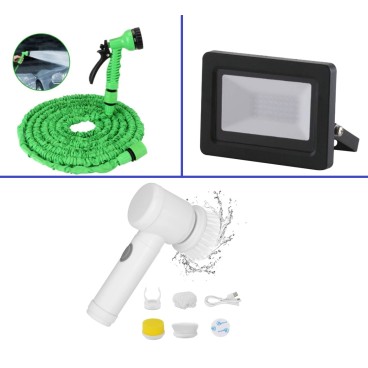 PACHET 3 PIESE Furtun extensibil 60 metri, Proiector Led urano 20w si Perie electrica cu 3 capete rotative si cablu USB pentru curatare universala