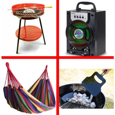 PACHETUL DE WEEK END, GRATAR PE CARBUNI + HAMAC MULTICOLOR + BOXA PORTABILA BLUETOOTH SI EVANTAI GRATAR